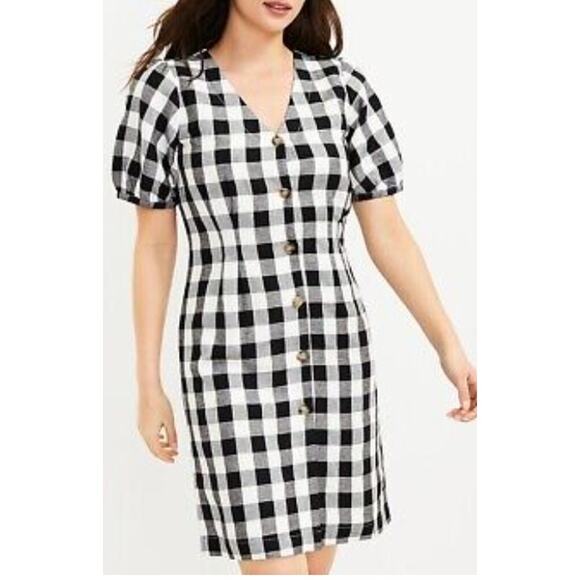 Loft NWT Women Button Down Black/White Checkered Print Classy Linen Size 10 Tall - Picture 1 of 16